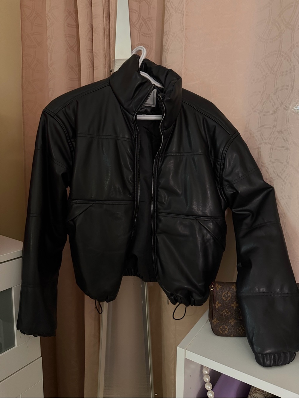 Ashley By 26 International Black Faux Leather Bomber Jacket with High Collar